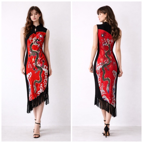 Sue Wong Vintage Red Dragon Cheongsam Dress Asian Inspired Fringe Midi Gown  6